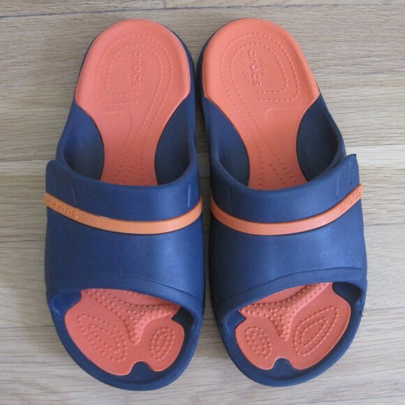 Crocs Blue Orange Two Toned Dual Comfort Slides Size 8 Women or 6 Men Unisex - Picture 1 of 5